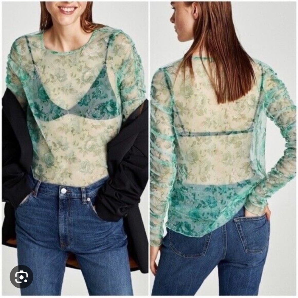ZARA Mesh Floral Long Sleeve -Green